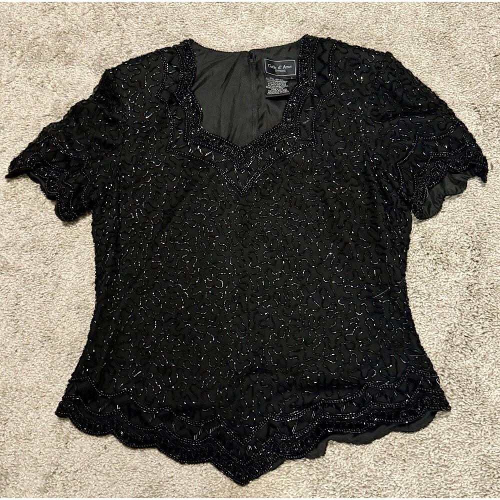 Vintage Cote d' Azur Top Women's Size Large Black Beaded Silk Evening